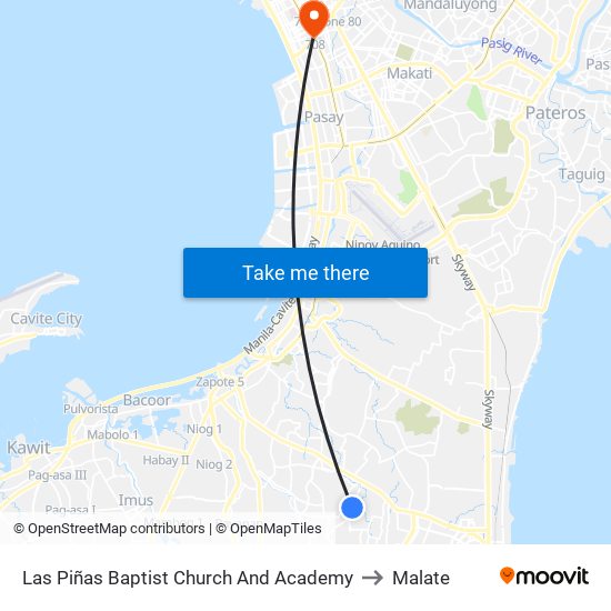 Las Piñas Baptist Church And Academy to Malate map