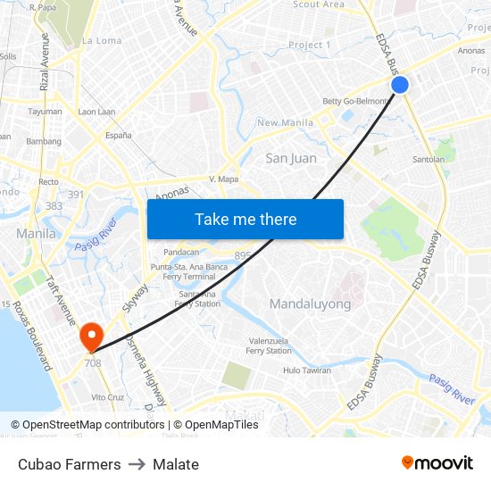 Cubao Farmers to Malate map