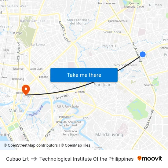 Cubao Lrt to Technological Institute Of the Philippines map