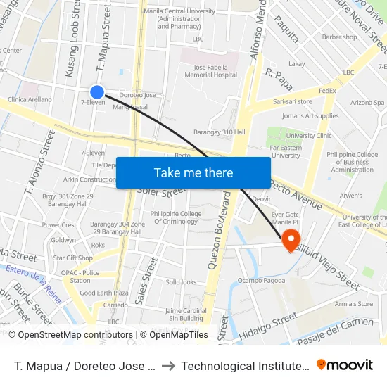 T. Mapua / Doreteo Jose Intersection, Manila to Technological Institute Of the Philippines map