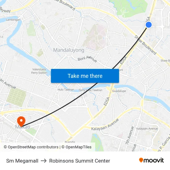 Sm Megamall to Robinsons Summit Center map
