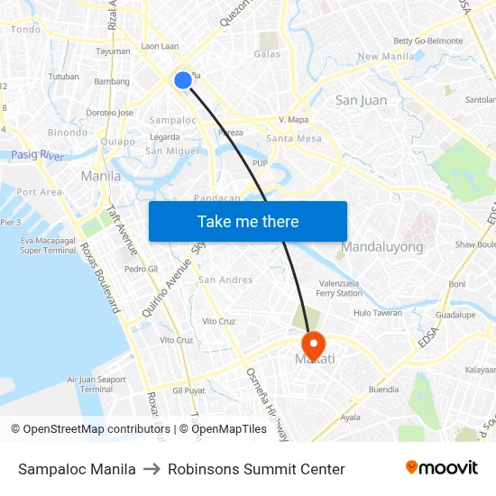 Sampaloc Manila to Robinsons Summit Center map