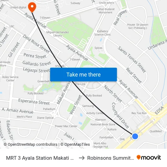 MRT 3 Ayala Station Makati City Manila to Robinsons Summit Center map