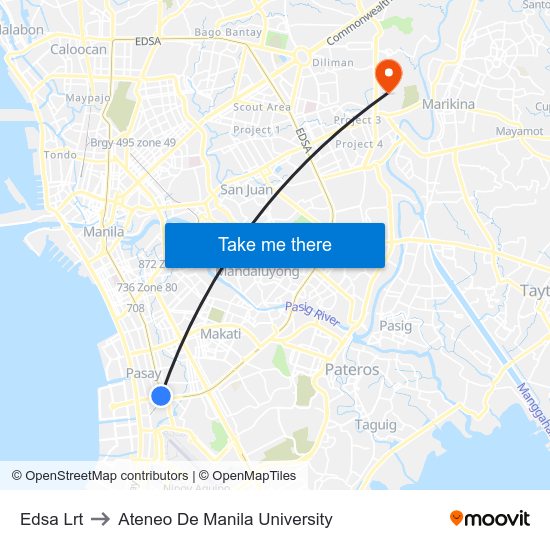 Edsa Lrt to Ateneo De Manila University map