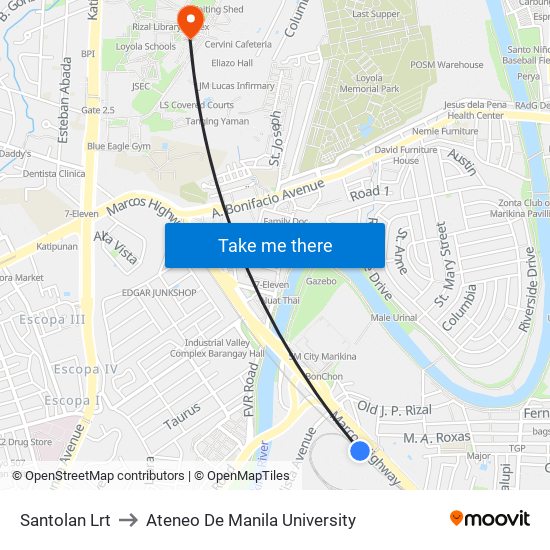 Santolan Lrt to Ateneo De Manila University map