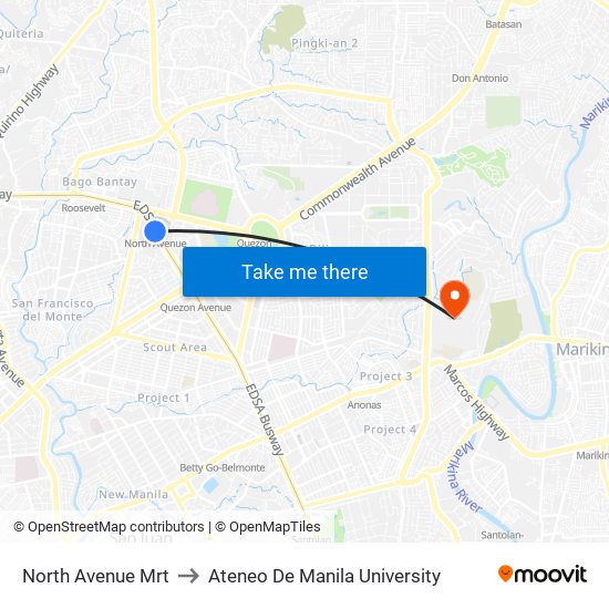 North Avenue Mrt to Ateneo De Manila University map