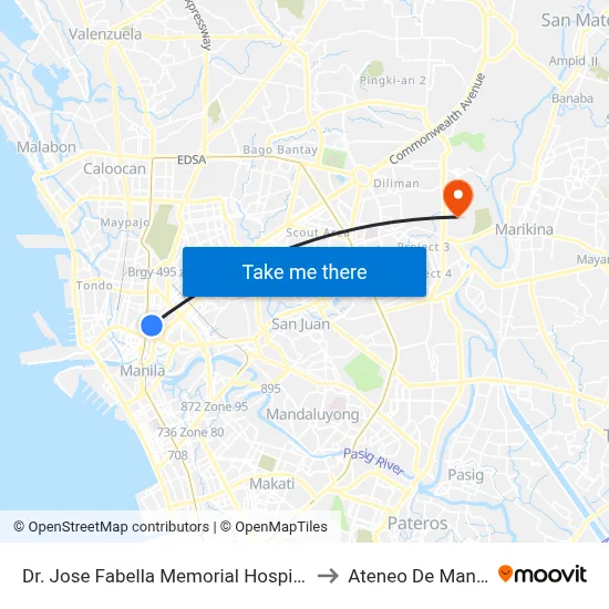 Dr. Jose Fabella Memorial Hospital, Felix Huertas, Manila to Ateneo De Manila University map