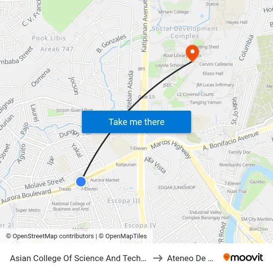 Asian College Of Science And Technology, Aurora Blvd, Quezon City, Manila to Ateneo De Manila University map