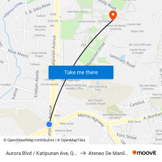 Aurora Blvd / Katipunan Ave, Quezon City, Manila to Ateneo De Manila University map