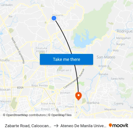 Zabarte Road, Caloocan City to Ateneo De Manila University map