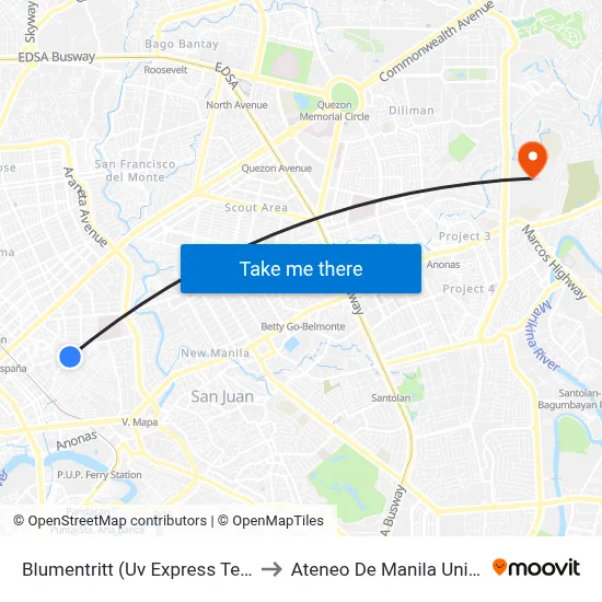 Blumentritt (Uv Express Terminal) to Ateneo De Manila University map