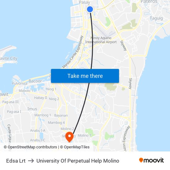 Edsa Lrt to University Of Perpetual Help Molino map