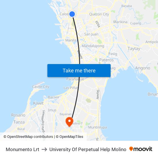 Monumento Lrt to University Of Perpetual Help Molino map