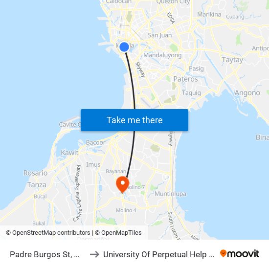 Padre Burgos St, Manila to University Of Perpetual Help Molino map