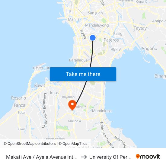 Makati Ave / Ayala Avenue Intersection, Makati City, Manila to University Of Perpetual Help Molino map