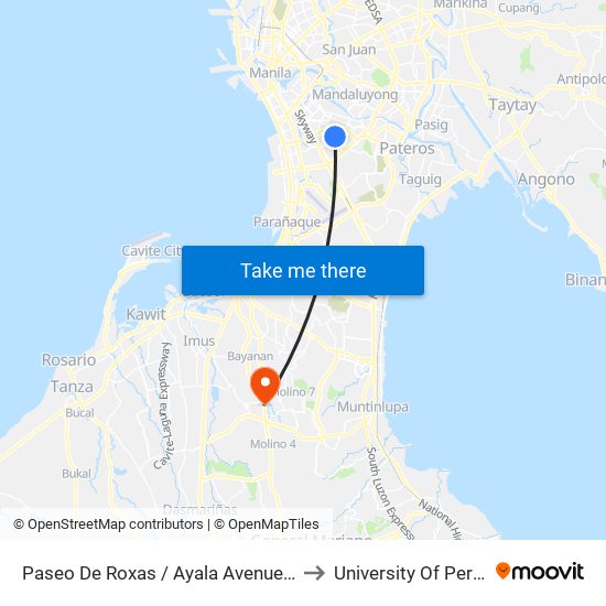 Paseo De Roxas / Ayala Avenue Intersection, Makati City, Manila to University Of Perpetual Help Molino map