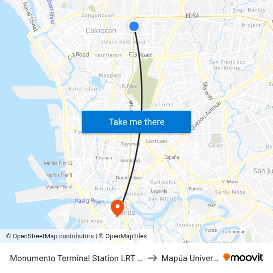 Monumento Terminal Station LRT Line 1 to Mapúa University map