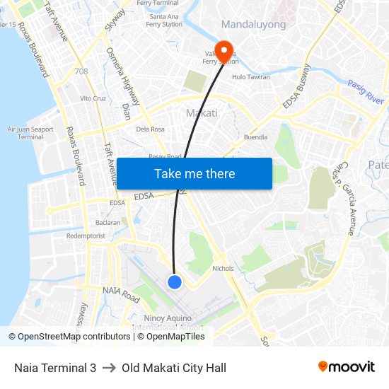 Naia Terminal 3 to Old Makati City Hall map