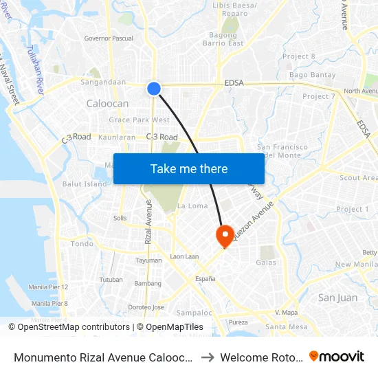 Monumento Rizal Avenue Caloocan City to Welcome Rotonda map