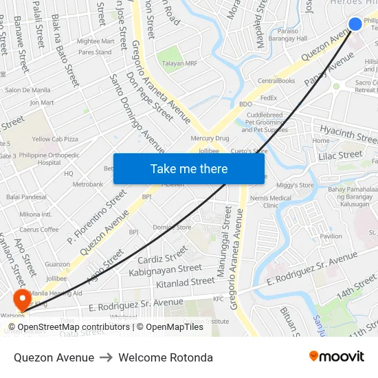 Quezon Avenue to Welcome Rotonda map