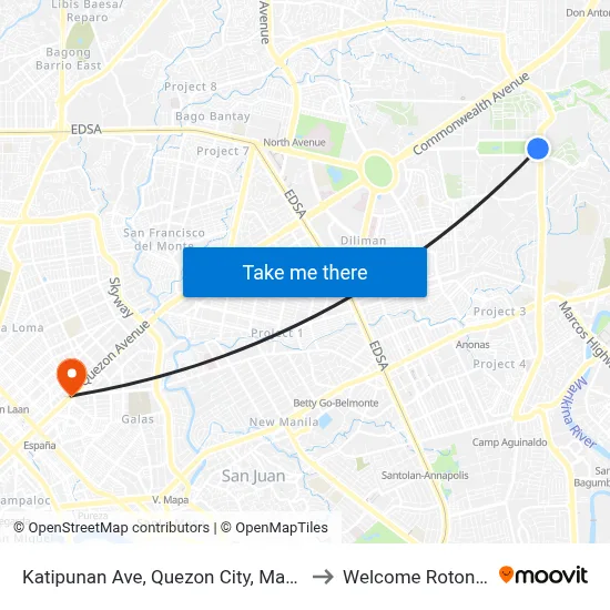 Katipunan Ave, Quezon City, Manila to Welcome Rotonda map