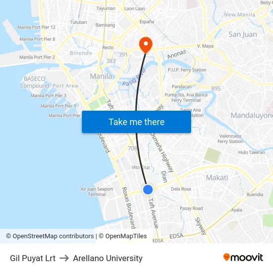 Gil Puyat Lrt to Arellano University map