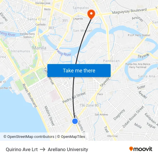 Quirino Ave Lrt to Arellano University map