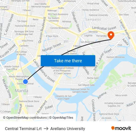 Central Terminal Lrt to Arellano University map