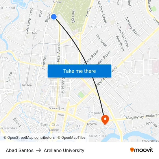 Abad Santos to Arellano University map