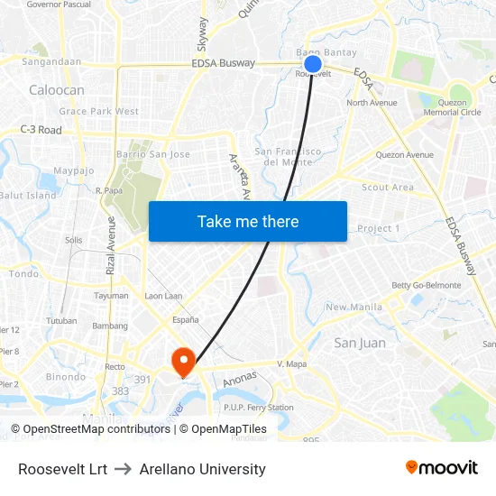 Roosevelt Lrt to Arellano University map