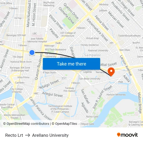 Recto Lrt to Arellano University map