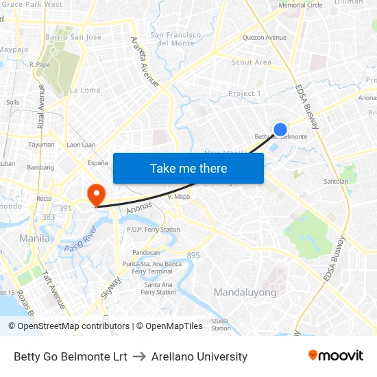 Betty Go Belmonte Lrt to Arellano University map