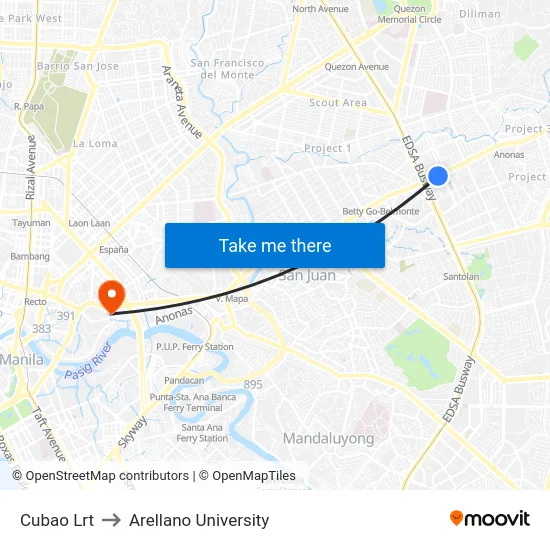Cubao Lrt to Arellano University map