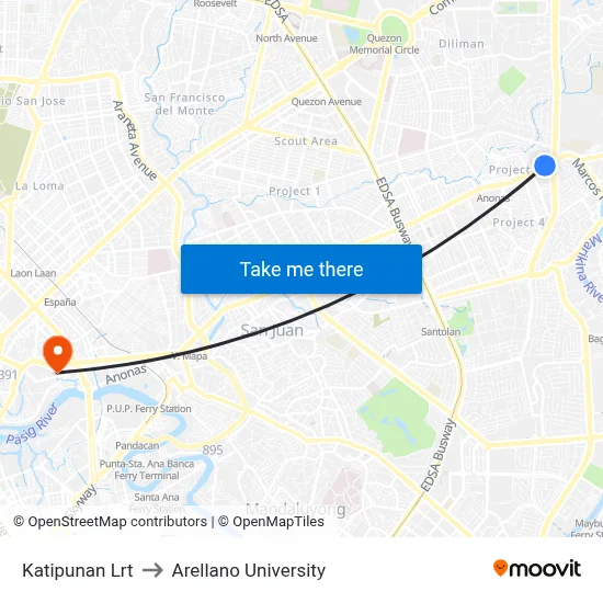 Katipunan Lrt to Arellano University map