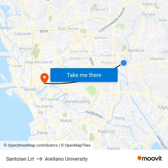 Santolan Lrt to Arellano University map