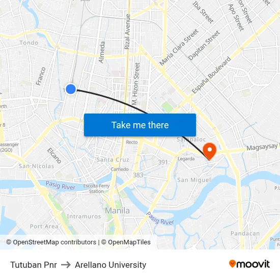 Tutuban Pnr to Arellano University map