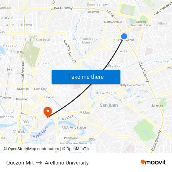 Quezon Mrt to Arellano University map