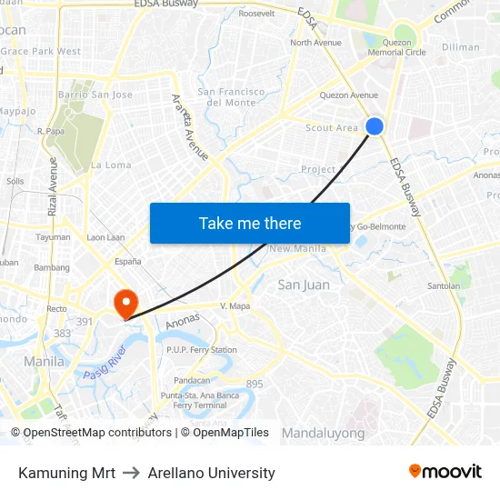 Kamuning Mrt to Arellano University map