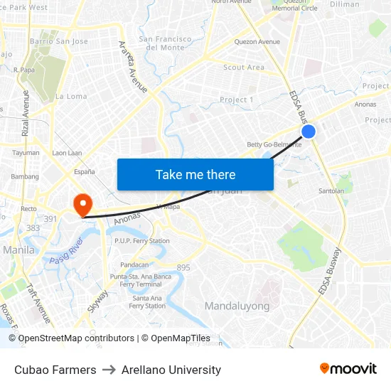Cubao Farmers to Arellano University map