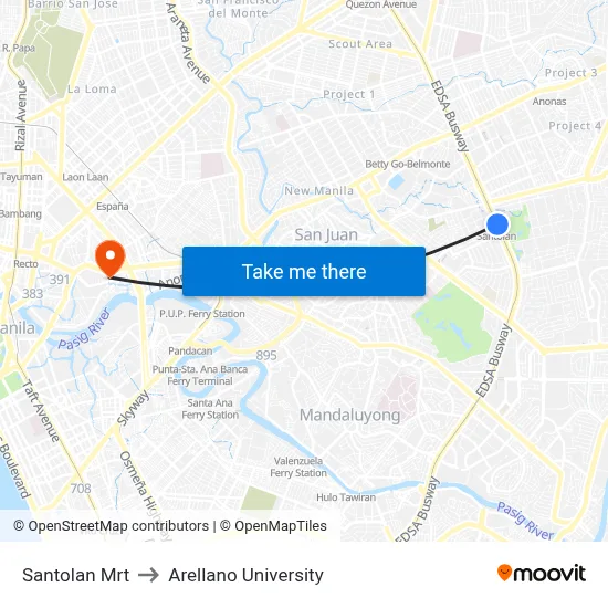 Santolan Mrt to Arellano University map