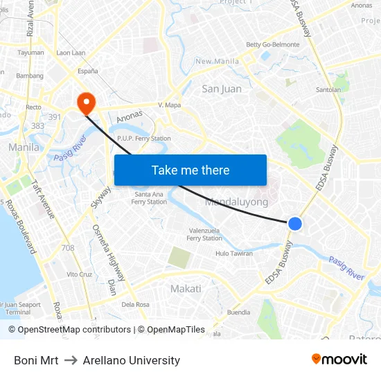 Boni Mrt to Arellano University map