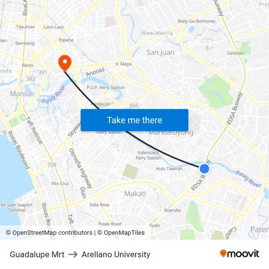 Guadalupe Mrt to Arellano University map