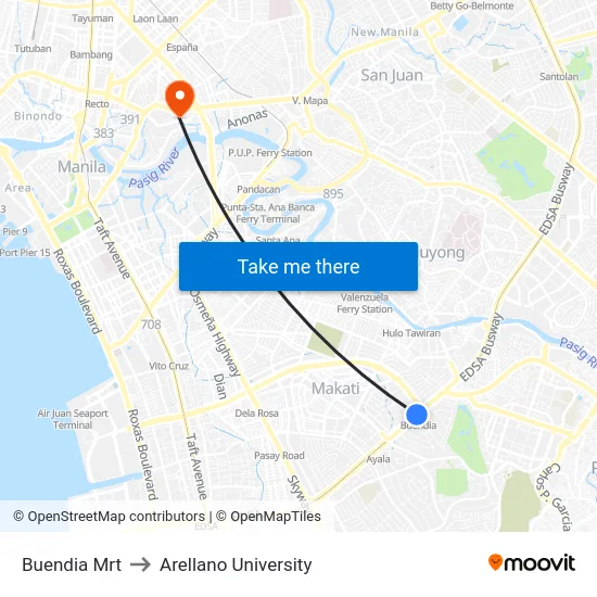 Buendia Mrt to Arellano University map