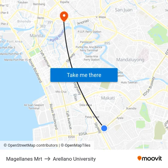 Magellanes Mrt to Arellano University map