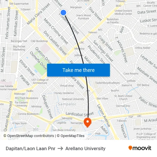 Dapitan/Laon Laan Pnr to Arellano University map