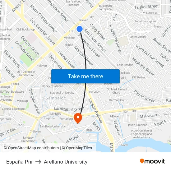 España Pnr to Arellano University map