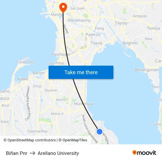 Biñan Pnr to Arellano University map