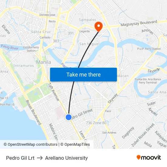 Pedro Gil Lrt to Arellano University map