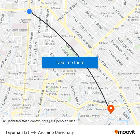 Tayuman Lrt to Arellano University map