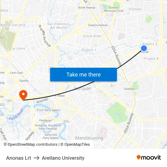 Anonas Lrt to Arellano University map